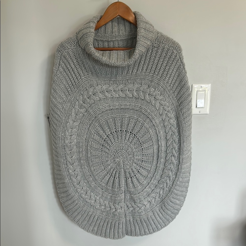 Gray Cowl Neck Poncho with Cable Knit